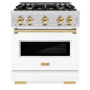 ZLINE Autograph 30" 4.2 cu. ft. Classic Dual Fuel Range with 4 Burners in Stainless Steel with White Matte Door and Polished Gold Accents, CDRZ-WM-30-G