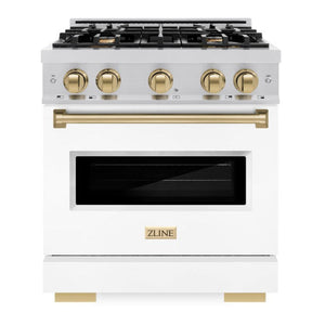 ZLINE Autograph 30" 4.2 cu. ft. Classic Gas Range with 4 Burners in Stainless Steel with White Matte Door and Champagne Bronze Accents, CGRZ-WM-30-CB