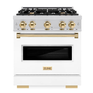 ZLINE Autograph 30" 4.2 cu. ft. Classic Gas Range with 4 Burners in Stainless Steel with White Matte Door and Polished Gold Accents, CGRZ-WM-30-G
