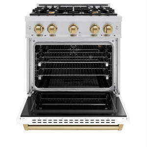 ZLINE Autograph 30" 4.2 cu. ft. Classic Gas Range with 4 Burners in Stainless Steel with White Matte Door and Champagne Bronze Accents, CGRZ-WM-30-CB
