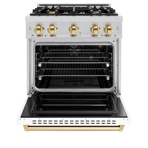 ZLINE Autograph 30" 4.2 cu. ft. Classic Gas Range with 4 Burners in Stainless Steel with White Matte Door and Polished Gold Accents, CGRZ-WM-30-G
