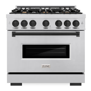 ZLINE Autograph 36" 5.2 cu. ft. Classic Gas Range with 6 Burners in Stainless Steel and Matte Black Accents, CGRZ-36-MB