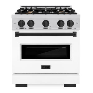 ZLINE Autograph 30" 4.2 cu. ft. Classic Gas Range with 4 Burners in Stainless Steel with White Matte Door and Matte Black Accents, CGRZ-WM-30-MB