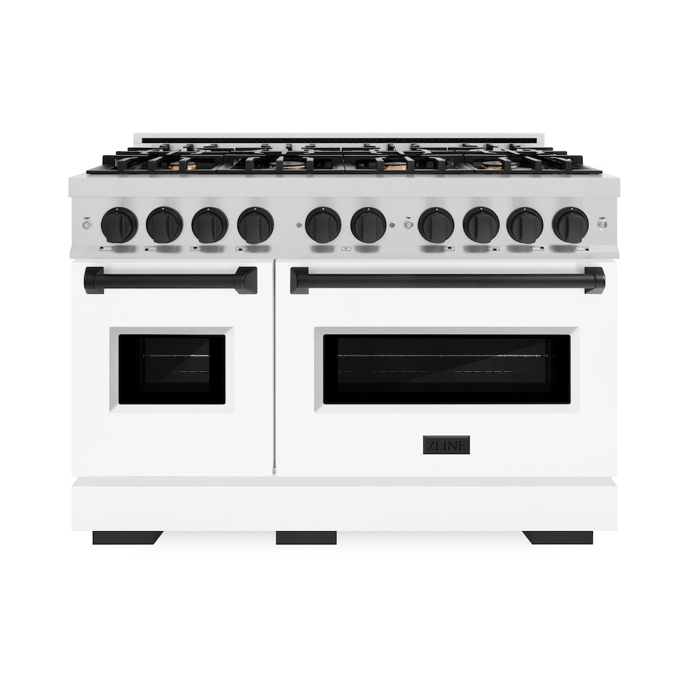 ZLINE Autograph 48" 6.7 cu. ft. Classic Double Oven Gas Range with 8 Burner Cooktop in Satin Stainless Steel with White Matte Doors and Matte Black Accents, CGRSZ-WM-48-MB
