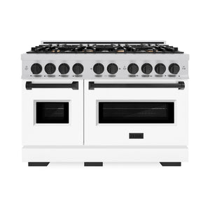 ZLINE Autograph 48" 6.7 cu. ft. Classic Double Oven Gas Range with 8 Burner Cooktop in Satin Stainless Steel with White Matte Doors and Matte Black Accents, CGRSZ-WM-48-MB
