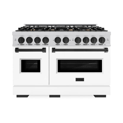 ZLINE Autograph 48" 6.7 cu. ft. Classic Double Oven Gas Range with 8 Burner Cooktop in Satin Stainless Steel with White Matte Doors and Matte Black Accents, CGRSZ-WM-48-MB