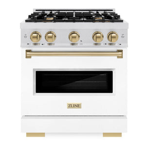 ZLINE Autograph 30" 4.2 cu. ft. Classic Gas Range with 4 Burner Cooktop and Convection Gas Oven in Satin Stainless Steel with White Matte Door and Champagne Bronze Accents, CGRSZ-WM-30-CB