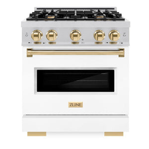 ZLINE Autograph 30" 4.2 cu. ft. Classic Gas Range with 4 Burner Cooktop and Convection Gas Oven in Satin Stainless Steel with White Matte Door and Polished Gold Accents, CGRSZ-WM-30-G