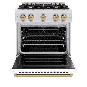 ZLINE Autograph 30" 4.2 cu. ft. Classic Gas Range with 4 Burner Cooktop and Convection Gas Oven in Satin Stainless Steel with White Matte Door and Champagne Bronze Accents, CGRSZ-WM-30-CB