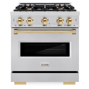 ZLINE Autograph 30" 4.2 cu. ft. Classic Gas Range with 4 Burners in Stainless Steel and Polished Gold Accents, CGRZ-30-G