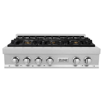 ZLINE 36" Legacy Gas Rangetop with 6 Brass Burners and Porcelain Cooktop in Satin Stainless Steel, RTS-BR-36