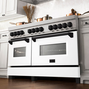 ZLINE Autograph 60" 7.4 cu. ft. Legacy Dual Fuel Range with 9 Burner Gas Cooktop and 2 Electric Convection Ovens in Satin Stainless Steel with White Matte Doors and Matte Black Accents, RASZ-WM-60-MB