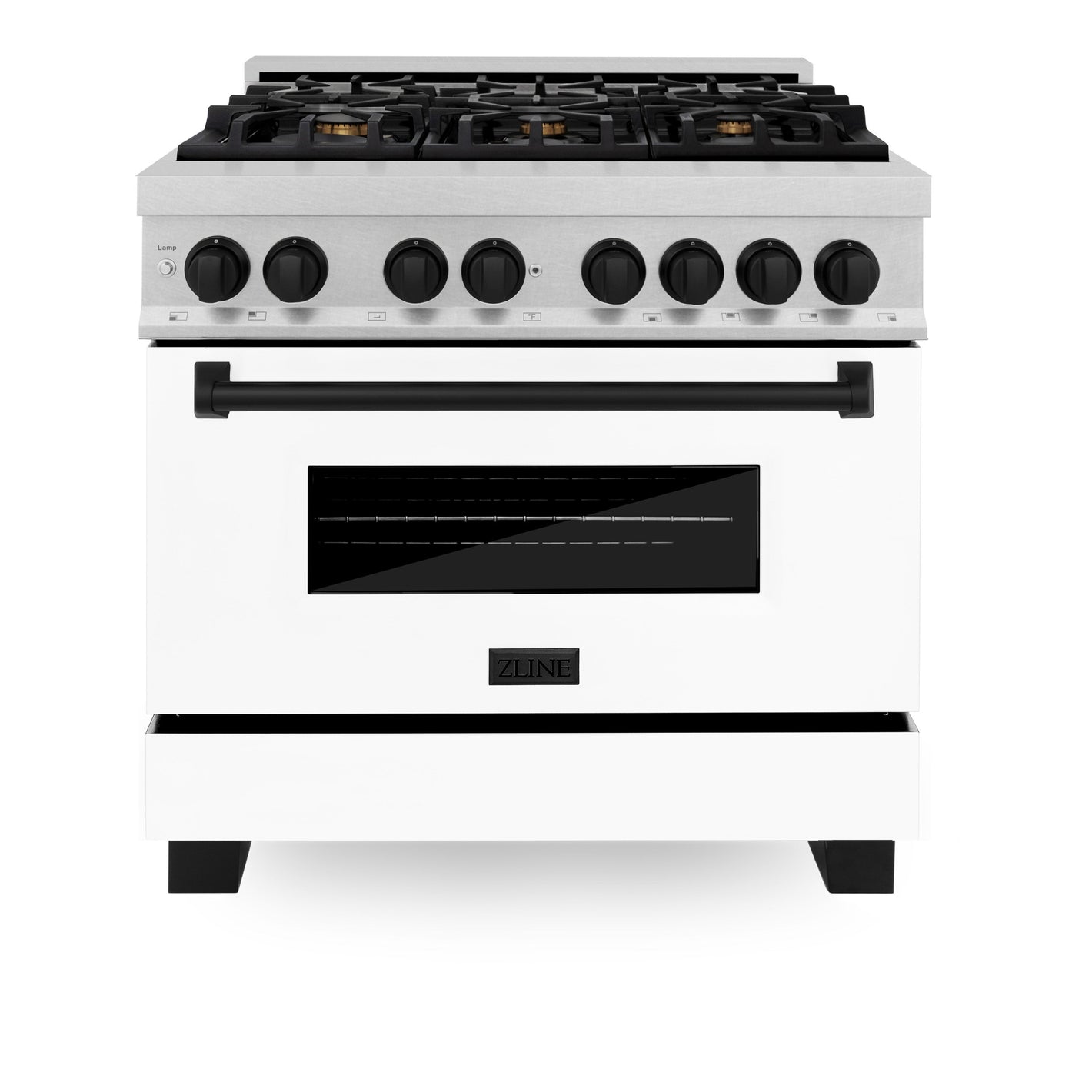 ZLINE Autograph 36" 4.6 cu. ft. Legacy Dual Fuel Range with 6 Burner Gas Cooktop and Electric Convection Oven in Satin Stainless Steel with White Matte Door and Matte Black Accents, RASZ-WM-36-MB