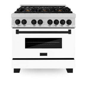 ZLINE Autograph 36" 4.6 cu. ft. Legacy Dual Fuel Range with 6 Burner Gas Cooktop and Electric Convection Oven in Satin Stainless Steel with White Matte Door and Matte Black Accents, RASZ-WM-36-MB