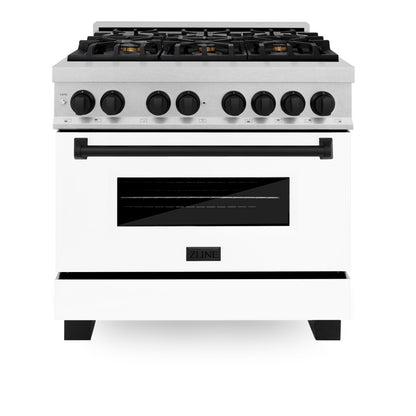 ZLINE Autograph 36" 4.6 cu. ft. Legacy Dual Fuel Range with 6 Burner Gas Cooktop and Electric Convection Oven in Satin Stainless Steel with White Matte Door and Matte Black Accents, RASZ-WM-36-MB