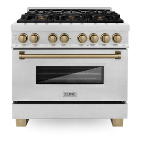 ZLINE Autograph 36" 4.6 cu. ft. Legacy Dual Fuel Range with 6 Burner Gas Cooktop and Electric Convection Oven in Satin Stainless Steel and Champagne Bronze Accents, RASZ-SN-36-CB