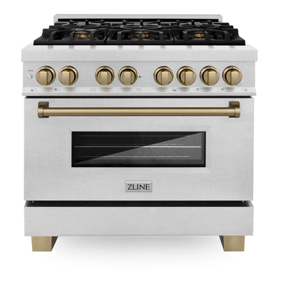 ZLINE Autograph 36" 4.6 cu. ft. Legacy Dual Fuel Range with 6 Burner Gas Cooktop and Electric Convection Oven in Satin Stainless Steel and Champagne Bronze Accents, RASZ-SN-36-CB