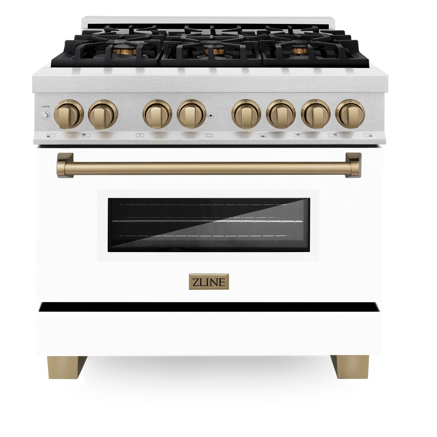 ZLINE Autograph 36" 4.6 cu. ft. Legacy Dual Fuel Range with 6 Burner Gas Cooktop and Electric Convection Oven in Satin Stainless Steel with White Matte Door and Champagne Bronze Accents, RASZ-WM-36-CB