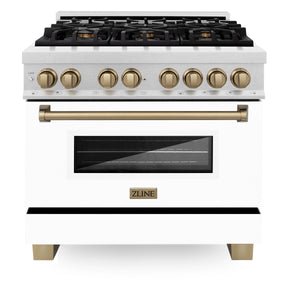 ZLINE Autograph 36" 4.6 cu. ft. Legacy Dual Fuel Range with 6 Burner Gas Cooktop and Electric Convection Oven in Satin Stainless Steel with White Matte Door and Champagne Bronze Accents, RASZ-WM-36-CB