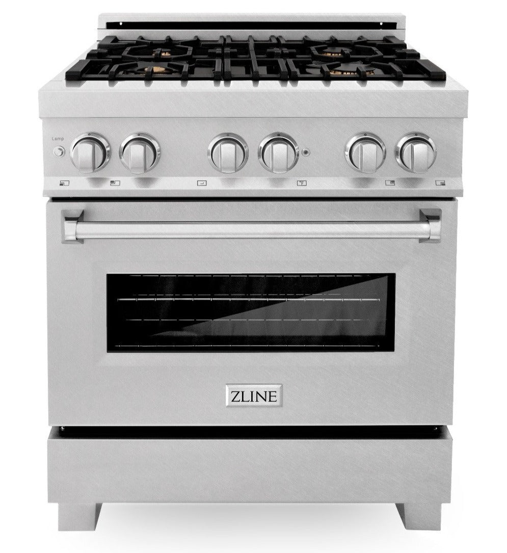 ZLINE 30" 4.0 cu. ft. Legacy Dual Fuel Range with Gas Cooktop and Electric Convection Oven in Satin Stainless Steel with 4 Brass Burners, RAS-SN-BR-30