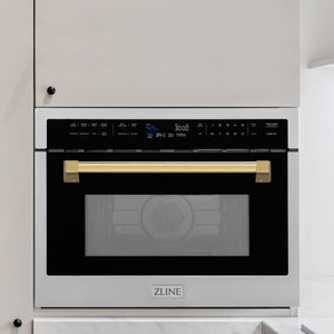 ZLINE Autograph 24" 1.6 cu ft. Built-in Convection Microwave Oven in Satin Stainless Steel with Polished Gold Accents, MWOZ-24-SS-G
