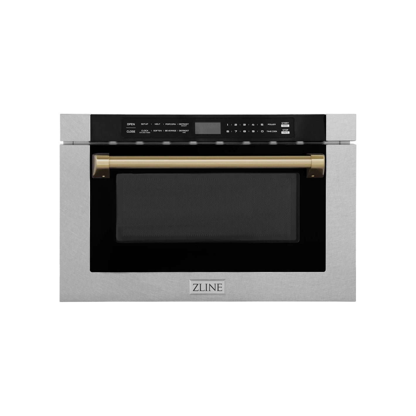 ZLINE Autograph 24" 1.2 cu. ft. Built-in Microwave Drawer with a Traditional Handle in Satin Stainless Steel and Champagne Bronze Accents, MWDZ-1-SS-H-CB