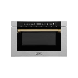 ZLINE Autograph 24" 1.2 cu. ft. Built-in Microwave Drawer with a Traditional Handle in Satin Stainless Steel and Champagne Bronze Accents, MWDZ-1-SS-H-CB