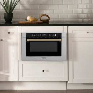 ZLINE Autograph 24" 1.2 cu. ft. Built-in Microwave Drawer with a Traditional Handle in Satin Stainless Steel and Champagne Bronze Accents, MWDZ-1-SS-H-CB