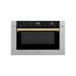 ZLINE Autograph 24" 1.2 cu. ft. Built-in Microwave Drawer with a Traditional Handle in Satin Stainless Steel and Polished Gold Accents, MWDZ-1-SS-H-G