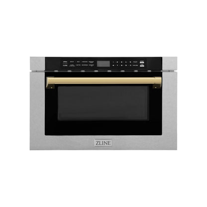 ZLINE Autograph 24" 1.2 cu. ft. Built-in Microwave Drawer with a Traditional Handle in Satin Stainless Steel and Polished Gold Accents, MWDZ-1-SS-H-G