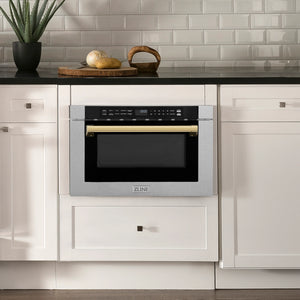 ZLINE Autograph 24" 1.2 cu. ft. Built-in Microwave Drawer with a Traditional Handle in Satin Stainless Steel and Polished Gold Accents, MWDZ-1-SS-H-G