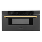 ZLINE Autograph Package - 36" Dual Fuel Range, Range Hood, Refrigerator with Water and Ice Dispenser, Microwave and Dishwasher in Black Stainless Steel with Gold Accents