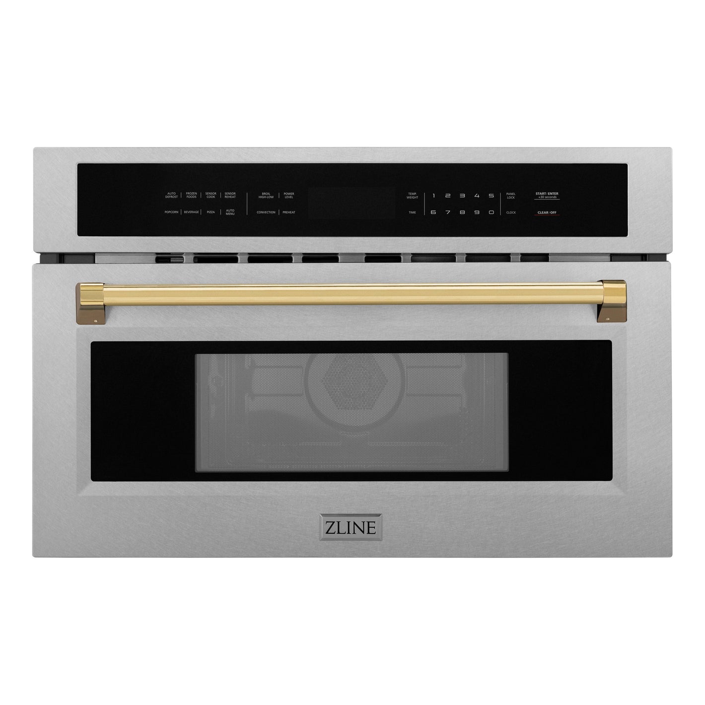 ZLINE Autograph 30" 1.6 cu ft. Built-in Convection Microwave Oven in Satin Stainless Steel and Polished Gold Accents, MWOZ-30-SS-G