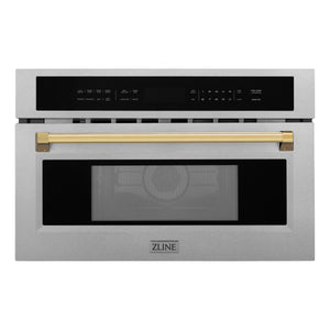 ZLINE Autograph 30" 1.6 cu ft. Built-in Convection Microwave Oven in Satin Stainless Steel and Polished Gold Accents, MWOZ-30-SS-G
