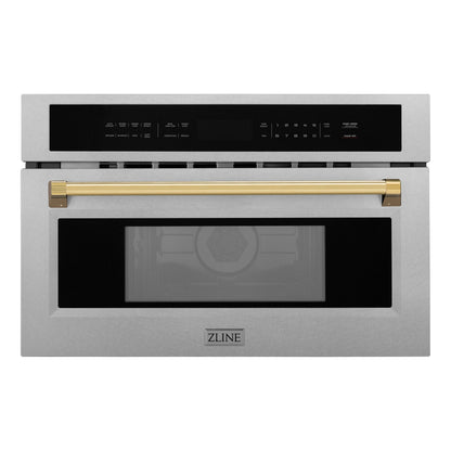 ZLINE Autograph 30" 1.6 cu ft. Built-in Convection Microwave Oven in Satin Stainless Steel and Polished Gold Accents, MWOZ-30-SS-G