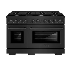 ZLINE Appliance Package - 48" Gas Range, Range Hood, 36" Refrigerator with Ice Maker, 24" Microwave Drawer and Dishwasher in Black Stainless Steel