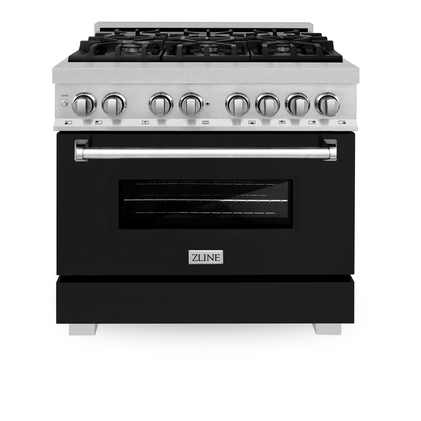 ZLINE 36" 4.6 cu. ft. Legacy Dual Fuel Range with 6 Burner Gas Cooktop and Electric Convection Oven in Satin Stainless Steel and Black Matte Door, RAS-BLM-36