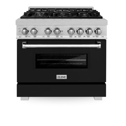 ZLINE 36" 4.6 cu. ft. Legacy Dual Fuel Range with 6 Burner Gas Cooktop and Electric Convection Oven in Satin Stainless Steel and Black Matte Door, RAS-BLM-36