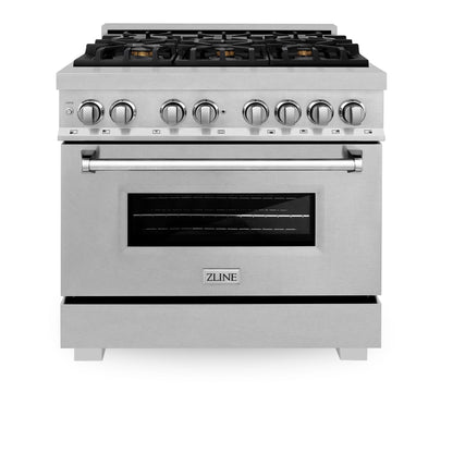ZLINE 36" 4.6 cu. ft. Legacy Dual Fuel Range with Gas Cooktop and Electric Convection Oven in Satin Stainless Steel with 6 Brass Burners, RAS-SN-BR-36