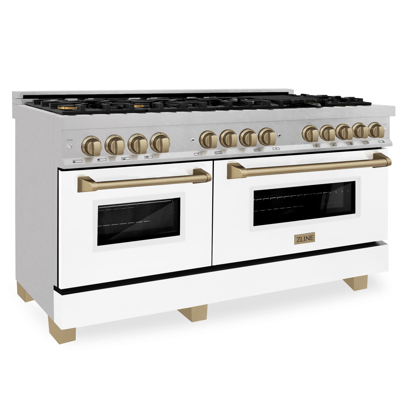 ZLINE Autograph 60" 7.4 cu. ft. Legacy Dual Fuel Range with 9 Burner Gas Cooktop and 2 Electric Convection Ovens in Satin Stainless Steel with White Matte Doors and Champagne Bronze Accents, RASZ-WM-60-CB