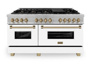 ZLINE Autograph 60" 7.4 cu. ft. Legacy Dual Fuel Range with 9 Burner Gas Cooktop and 2 Electric Convection Ovens in Satin Stainless Steel with White Matte Doors and Champagne Bronze Accents, RASZ-WM-60-CB