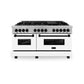 ZLINE Autograph 60" 7.4 cu. ft. Legacy Dual Fuel Range with 9 Burner Gas Cooktop and 2 Electric Convection Ovens in Satin Stainless Steel with White Matte Doors and Matte Black Accents, RASZ-WM-60-MB