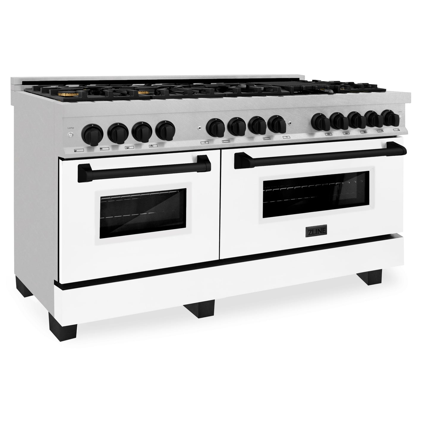 ZLINE Autograph 60" 7.4 cu. ft. Legacy Dual Fuel Range with 9 Burner Gas Cooktop and 2 Electric Convection Ovens in Satin Stainless Steel with White Matte Doors and Matte Black Accents, RASZ-WM-60-MB