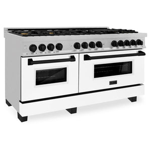 ZLINE Autograph 60" 7.4 cu. ft. Legacy Dual Fuel Range with 9 Burner Gas Cooktop and 2 Electric Convection Ovens in Satin Stainless Steel with White Matte Doors and Matte Black Accents, RASZ-WM-60-MB