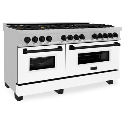 ZLINE Autograph 60" 7.4 cu. ft. Legacy Dual Fuel Range with 9 Burner Gas Cooktop and 2 Electric Convection Ovens in Satin Stainless Steel with White Matte Doors and Matte Black Accents, RASZ-WM-60-MB
