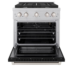 ZLINE 30" 4.2 cu. ft. Paramount Dual Fuel Range with 4 Burner Gas Cooktop and Electric Convection Oven in Satin Stainless Steel with Black Matte Door, SDRS-BLM-30