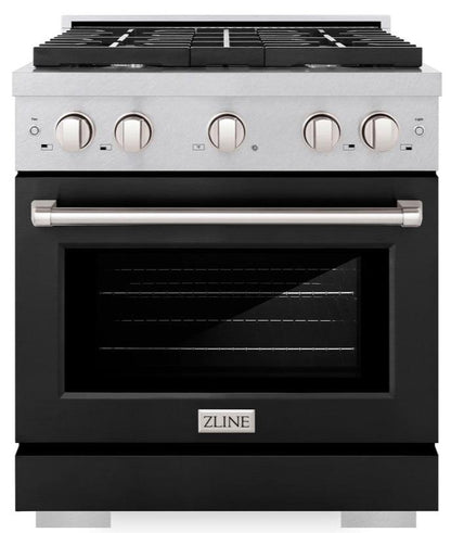 ZLINE 30" 4.2 cu. ft. Paramount Dual Fuel Range with 4 Burner Gas Cooktop and Electric Convection Oven in Satin Stainless Steel with Black Matte Door, SDRS-BLM-30