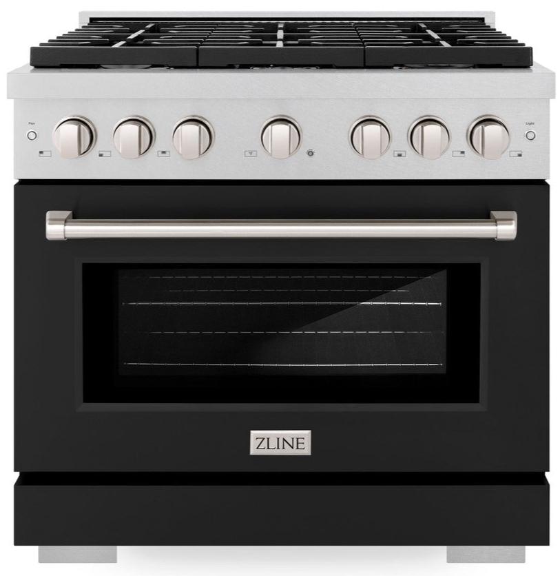 ZLINE 36" 5.2 cu. ft. Paramount Dual Fuel Range with 6 Burner Gas Cooktop and Electric Convection Oven in Satin Stainless Steel with Black Matte Door, SDRS-BLM-36