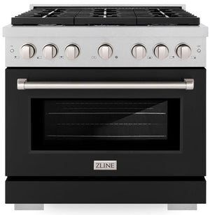 ZLINE 36" 5.2 cu. ft. Paramount Dual Fuel Range with 6 Burner Gas Cooktop and Electric Convection Oven in Satin Stainless Steel with Black Matte Door, SDRS-BLM-36