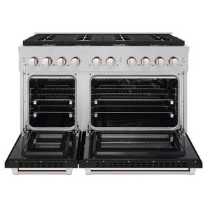 ZLINE 48" 6.7 cu. ft. Paramount Double Oven Dual Fuel Range with 8 Burner Gas Cooktop in Satin Stainless Steel with Black Matte Doors, SDRS-BLM-48